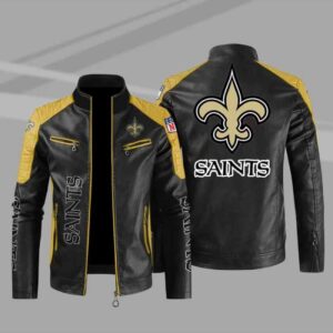 New Orleans Saints Yellow Color Block Leather Jacket