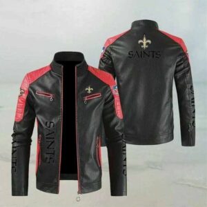 NFL Red New Orleans Saints Color Block Leather Jacket