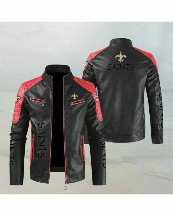 NFL Red New Orleans Saints Color Block Leather Jacket