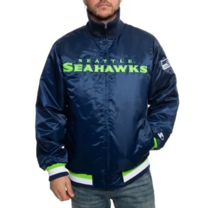 Seattle Seahawks Neon Embroidery Varsity Navy Satin Jacket