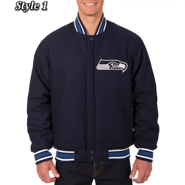 Seattle Seahawks Bomber Navy Blue Wool Jacket
