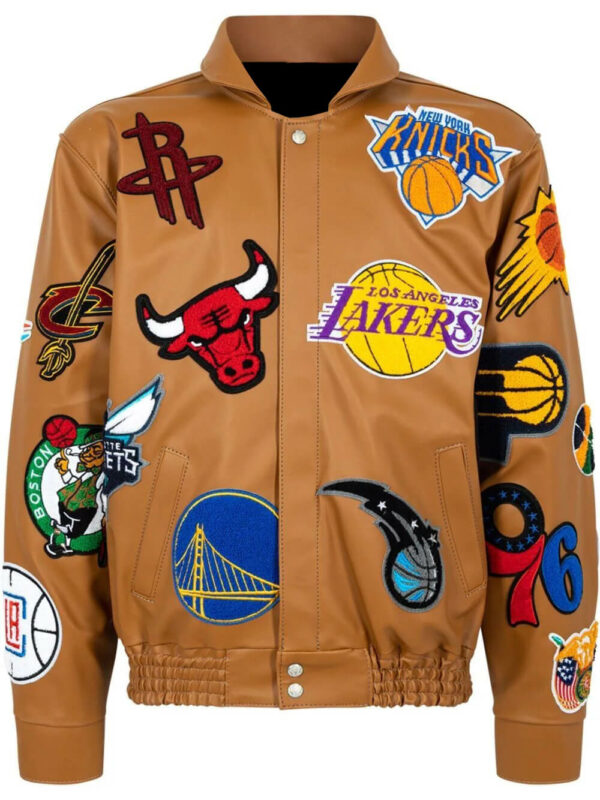 Brown NBA Team Collage Jeff Hamilton Leather Jacket