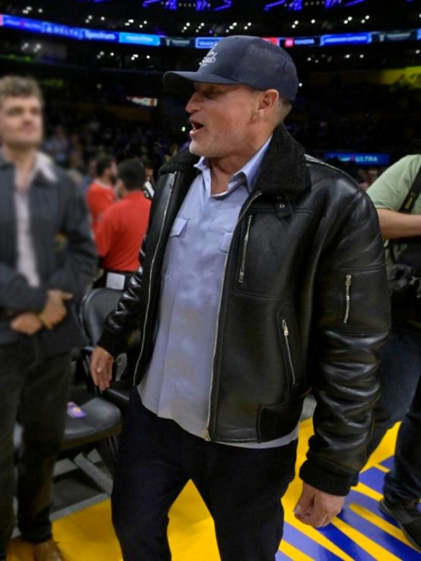 Lakers 2023 Woody Harrelson Black Leather Jacket