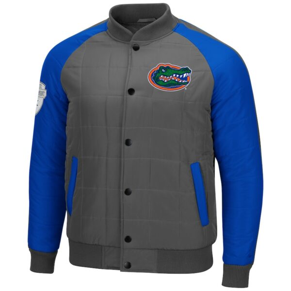 Men's Colosseum Charcoal/Royal Florida Gators 1940s Bomber Raglan Full-Snap Jacket