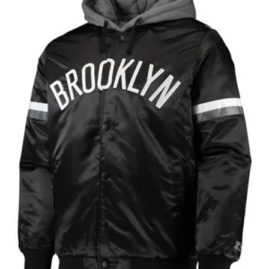 Brooklyn Nets Black Satin Jacket with Gray Hood