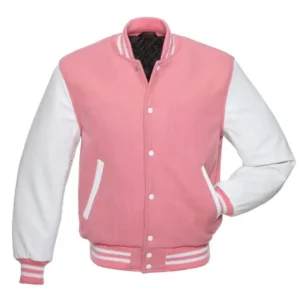 Pink Varsity Jacket with White Leather Sleeves