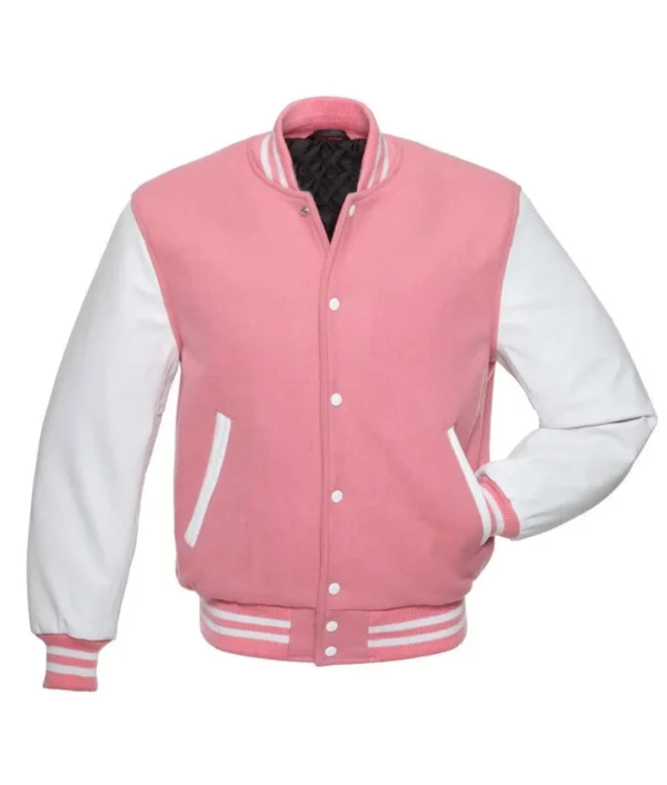 Pink Varsity Jacket with White Leather Sleeves