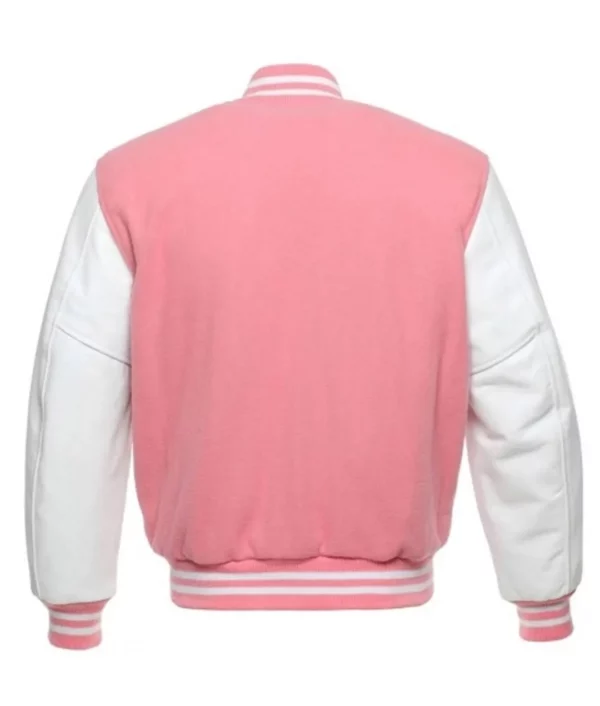 Pink Varsity Jacket with White Leather Sleeves