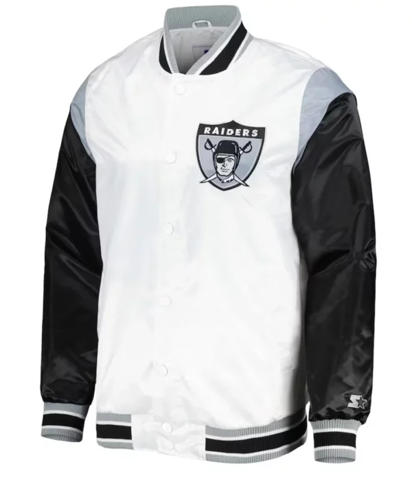 Las Vegas Raiders Throwback Warm Up Pitch White Varsity Satin Jacket