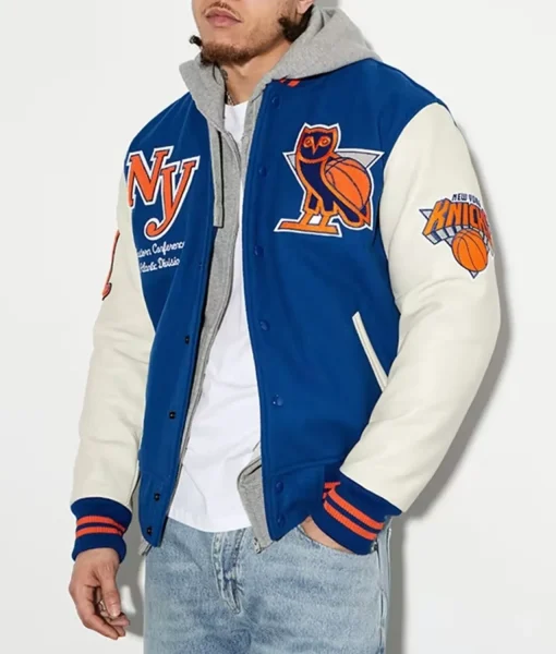 OVO New York Knicks Blue and White Varsity Jacket