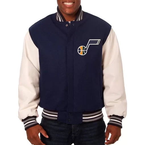 Utah Jazz Varsity Navy Blue and White Jacket