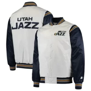 Utah Jazz Renegade Varsity White and Navy Satin Jacket