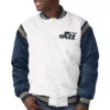 Utah Jazz Renegade Varsity White and Navy Satin Jacket