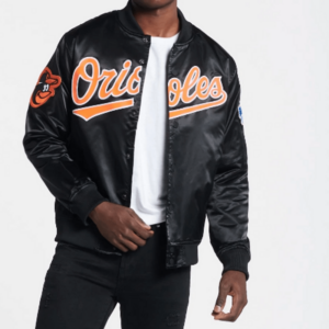 Baltimore Orioles Big Logo Black Satin Bomber Jacket